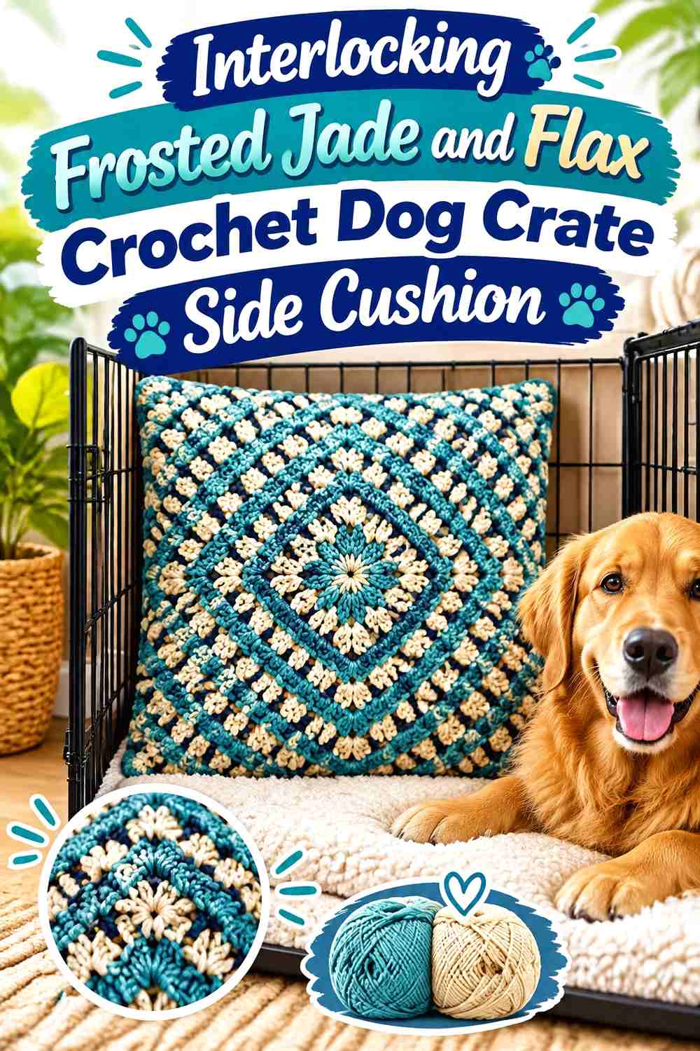 Interlocking Frosted Jade and Flax Crochet Dog Crate Side Cushion