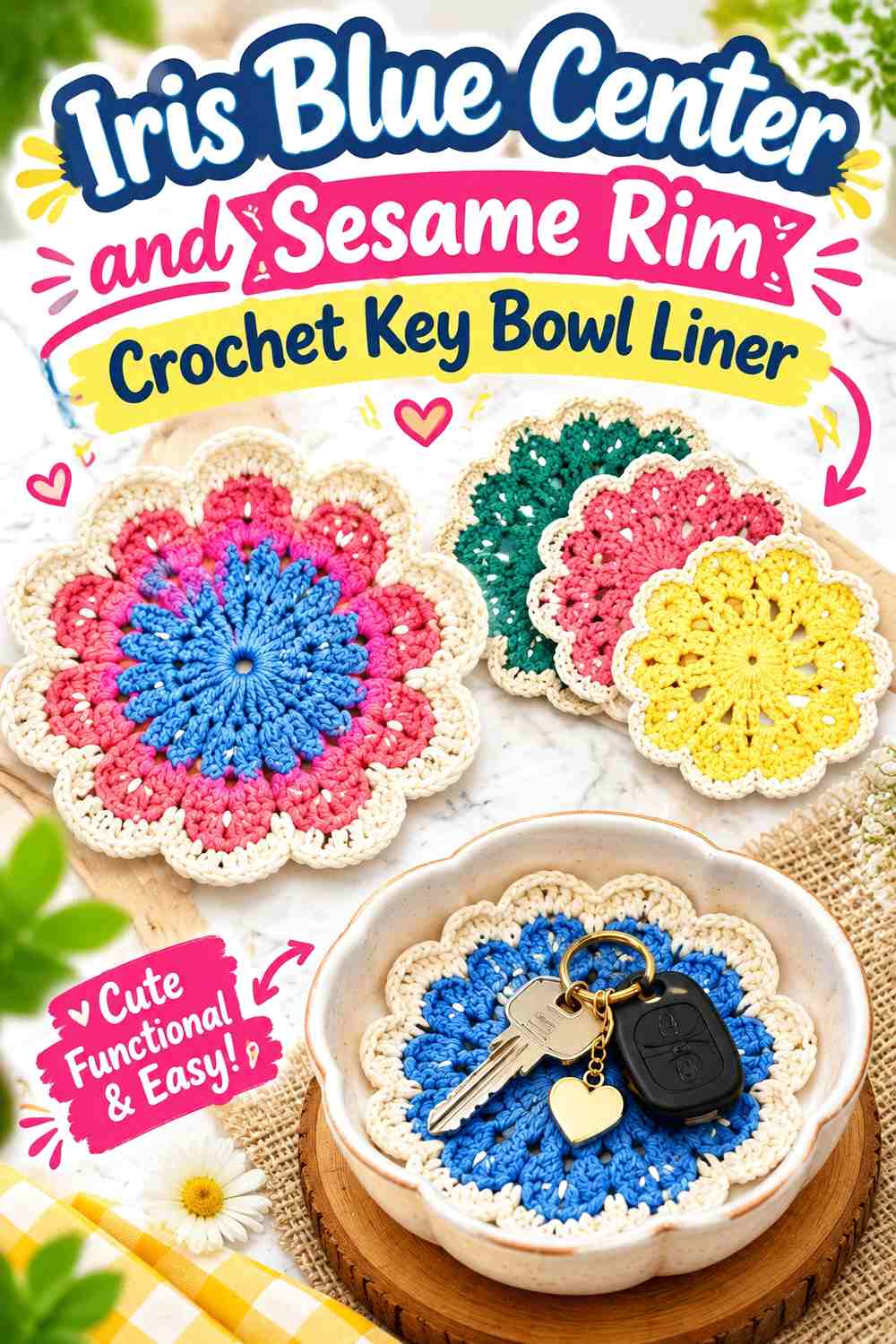 Iris Blue Center and Sesame Rim Crochet Key Bowl Liner