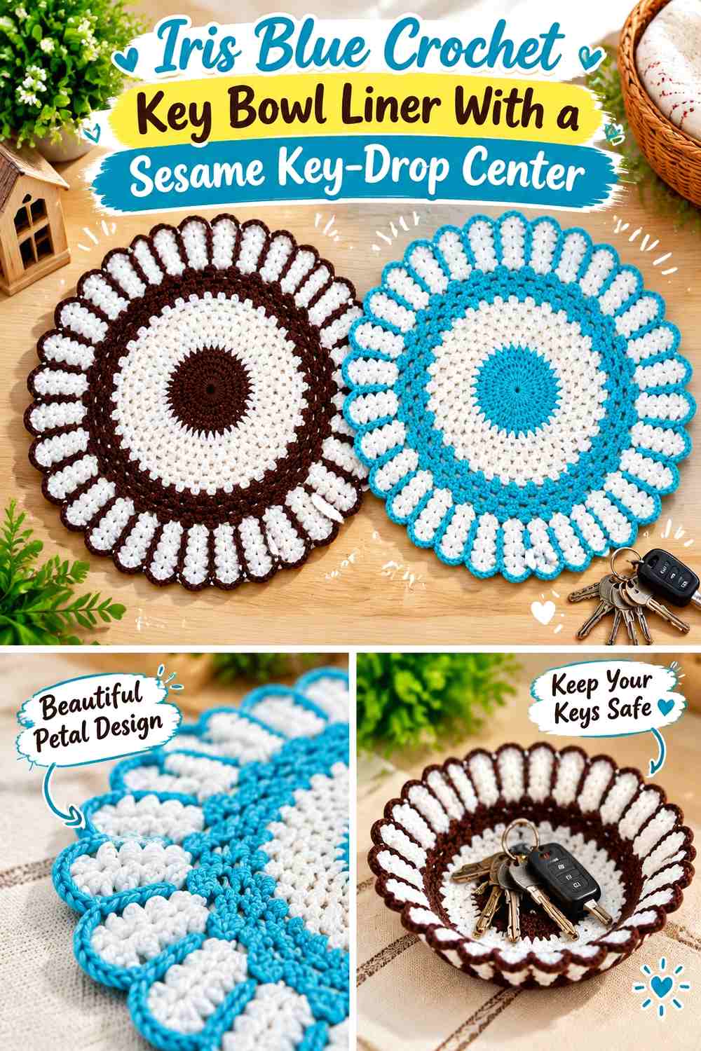 Iris Blue Crochet Key Bowl Liner With a Sesame Key Drop Center