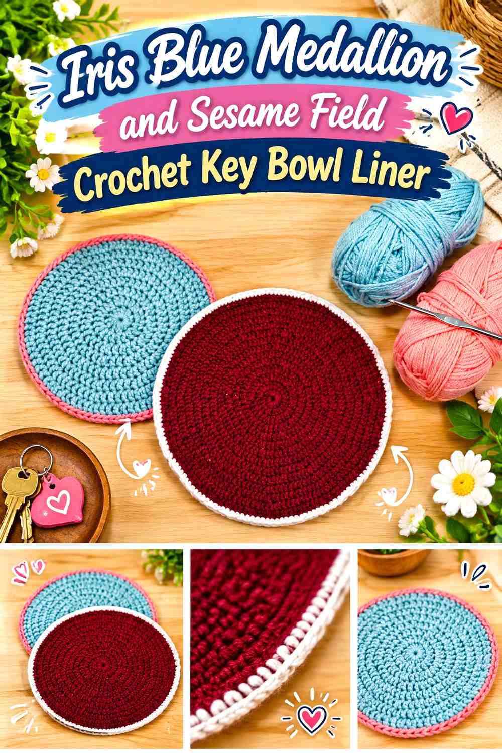 Iris Blue Medallion and Sesame Field Crochet Key Bowl Liner