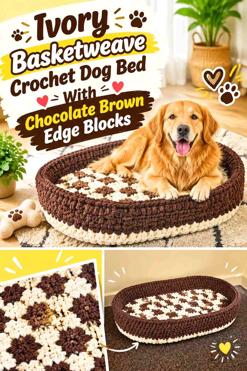Ivory Basketweave Crochet Dog Bed With Chocolate Brown Edge Blocks