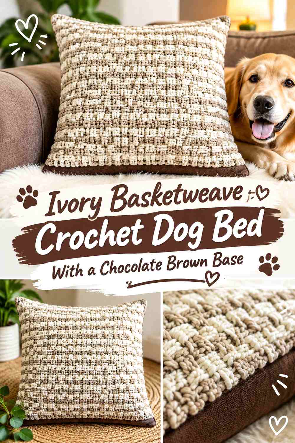Ivory Basketweave Crochet Dog Bed With a Chocolate Brown Base