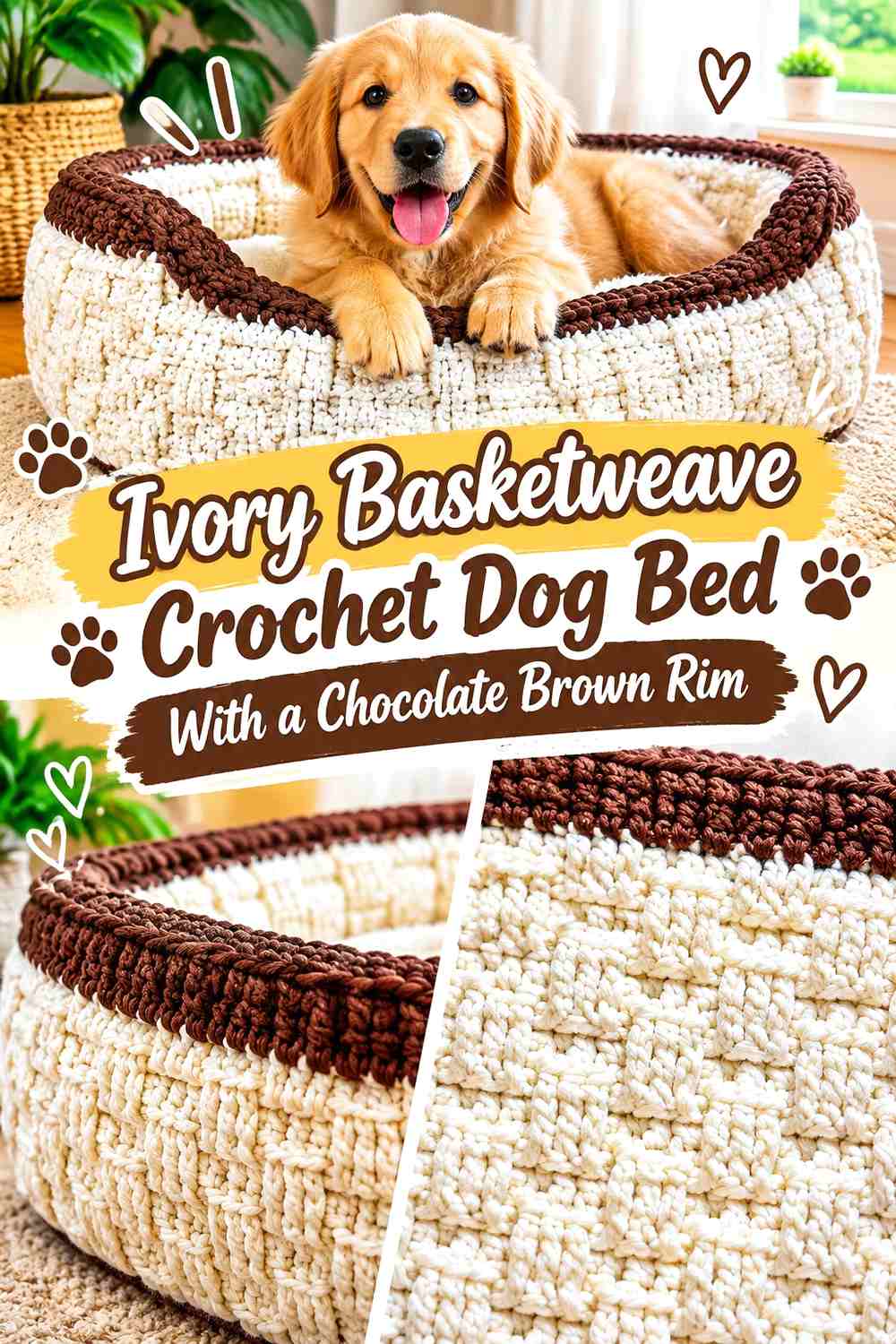 Ivory Basketweave Crochet Dog Bed With a Chocolate Brown Rim