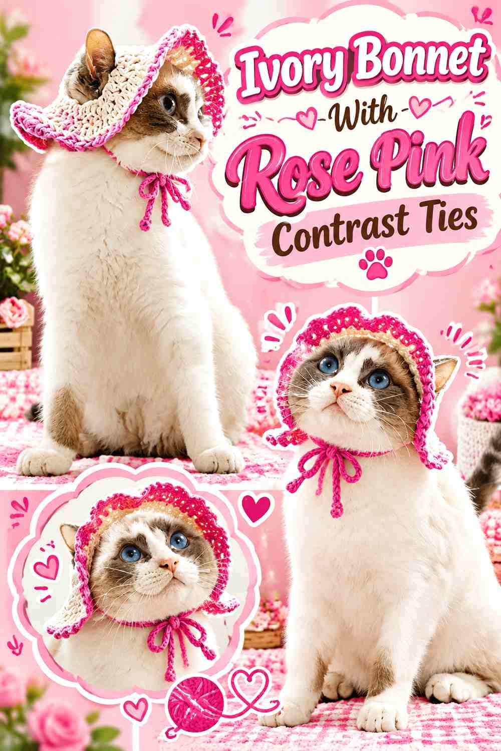 Ivory Bonnet With Rose Pink Contrast Ties