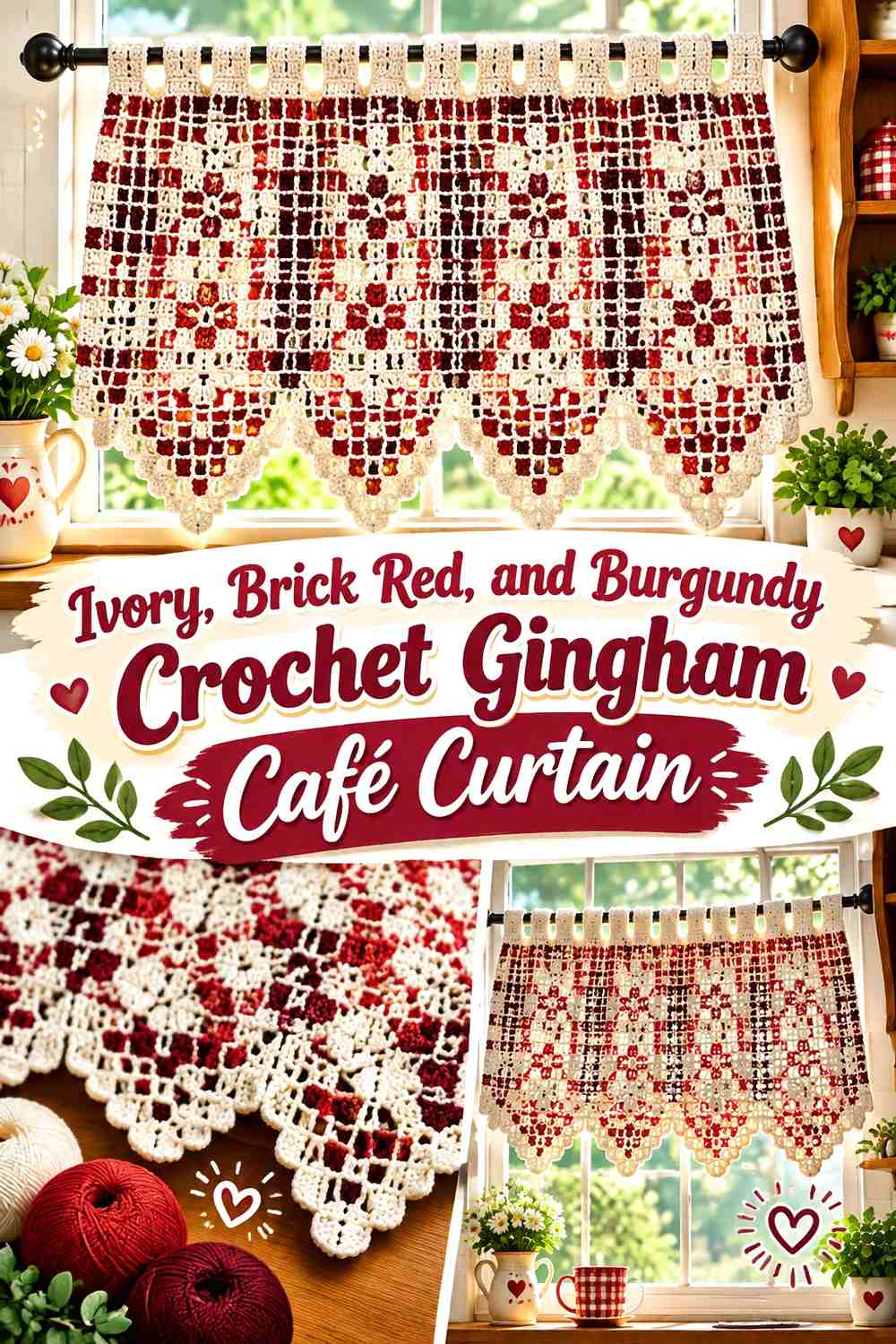 Ivory, Brick Red, and Burgundy Crochet Gingham Café Curtain