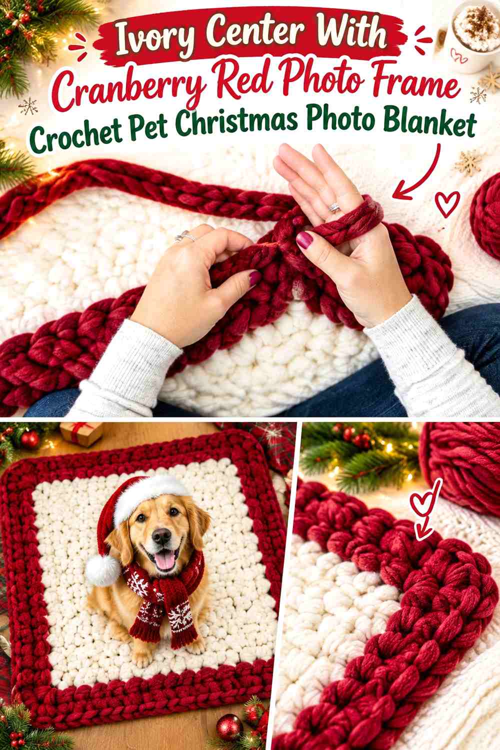 Ivory Center With Cranberry Red Photo Frame Crochet Pet Christmas Photo Blanket