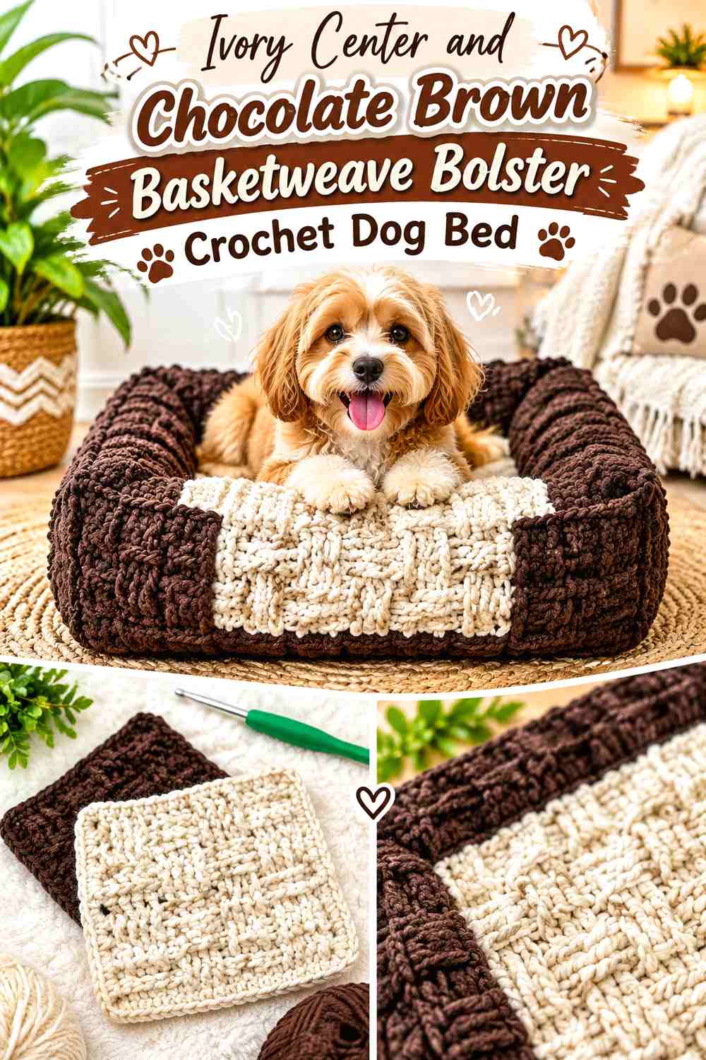 Ivory Center and Chocolate Brown Basketweave Bolster Crochet Dog Bed