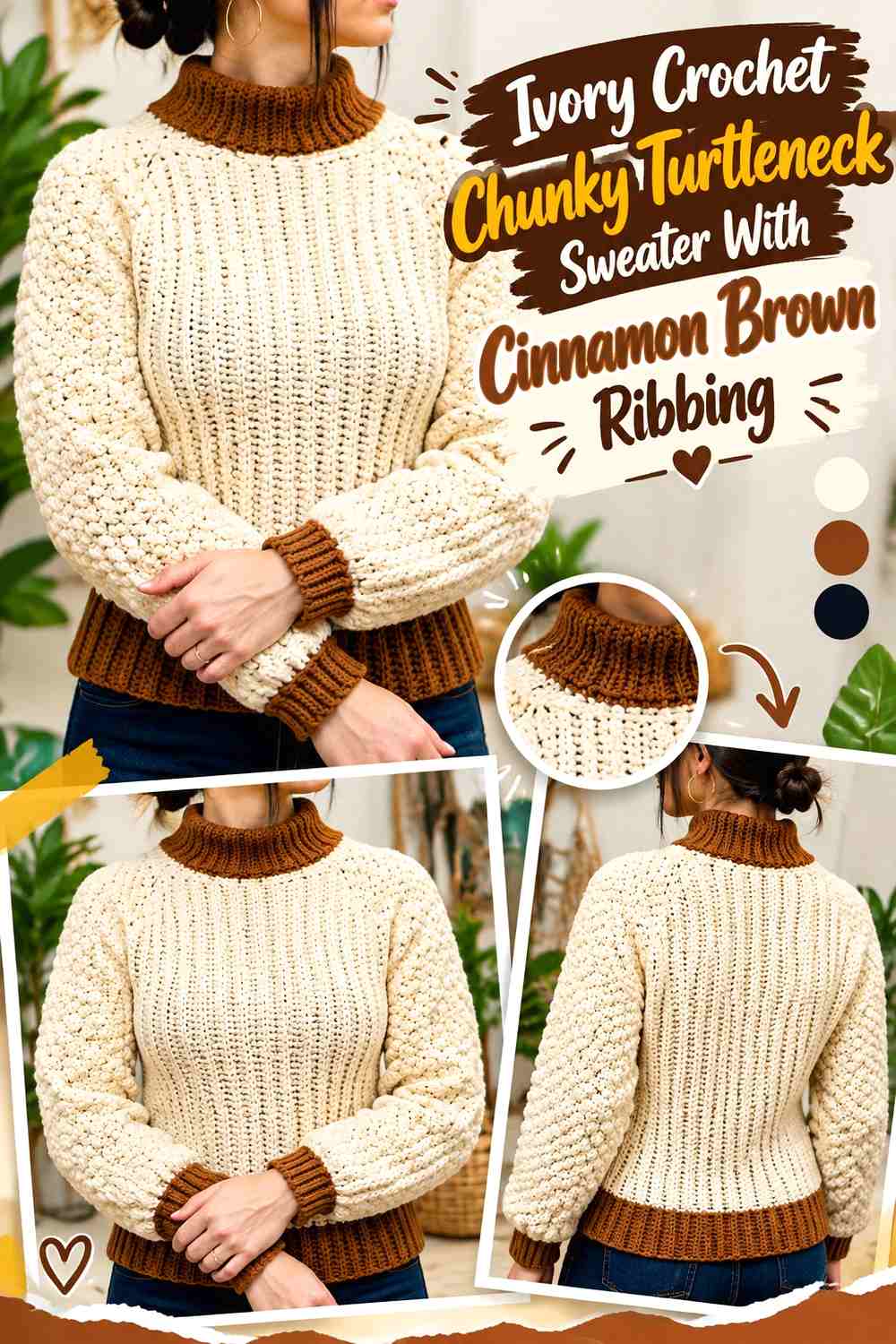 Ivory Crochet Chunky Turtleneck Sweater With Cinnamon Brown Ribbing