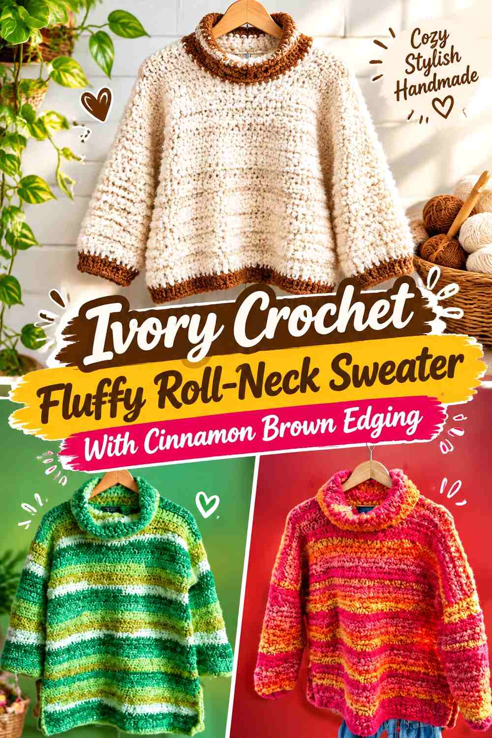 Ivory Crochet Fluffy Roll-Neck Sweater With Cinnamon Brown Edging