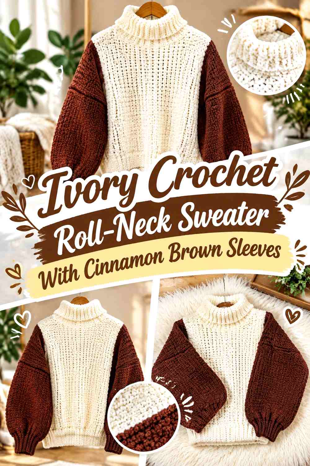 Ivory Crochet Roll-Neck Sweater With Cinnamon Brown Sleeves