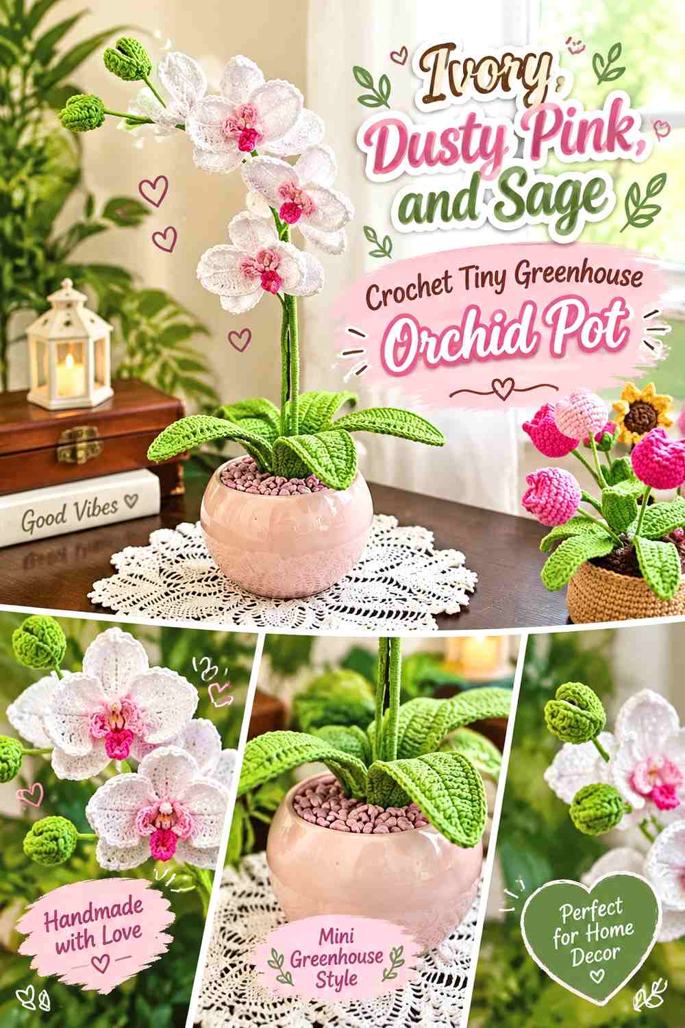 Ivory, Dusty Pink, and Sage Crochet Tiny Greenhouse Orchid Pot