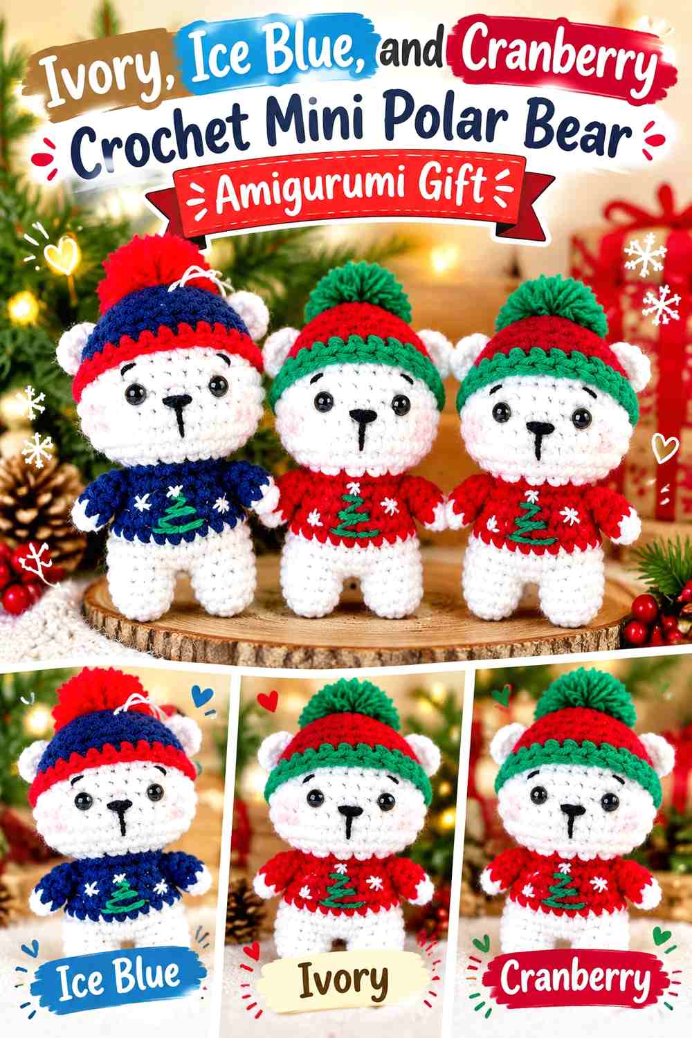 Ivory, Ice Blue, and Cranberry Crochet Mini Polar Bear Amigurumi Gift