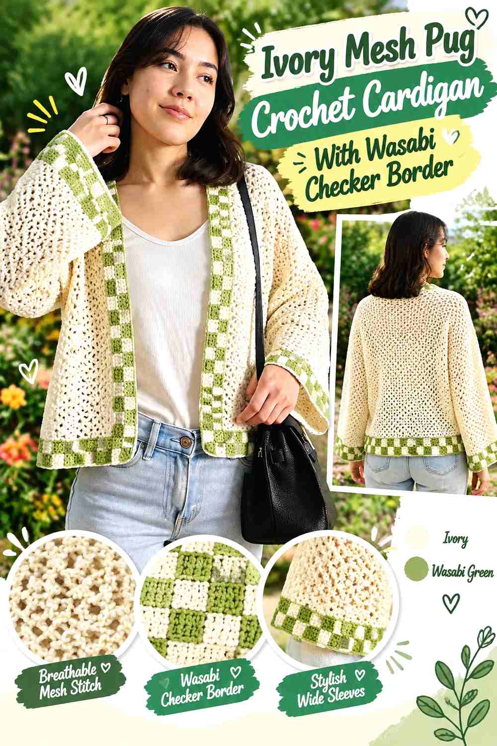 Ivory Mesh Pug Crochet Cardigan With Wasabi Checker Border