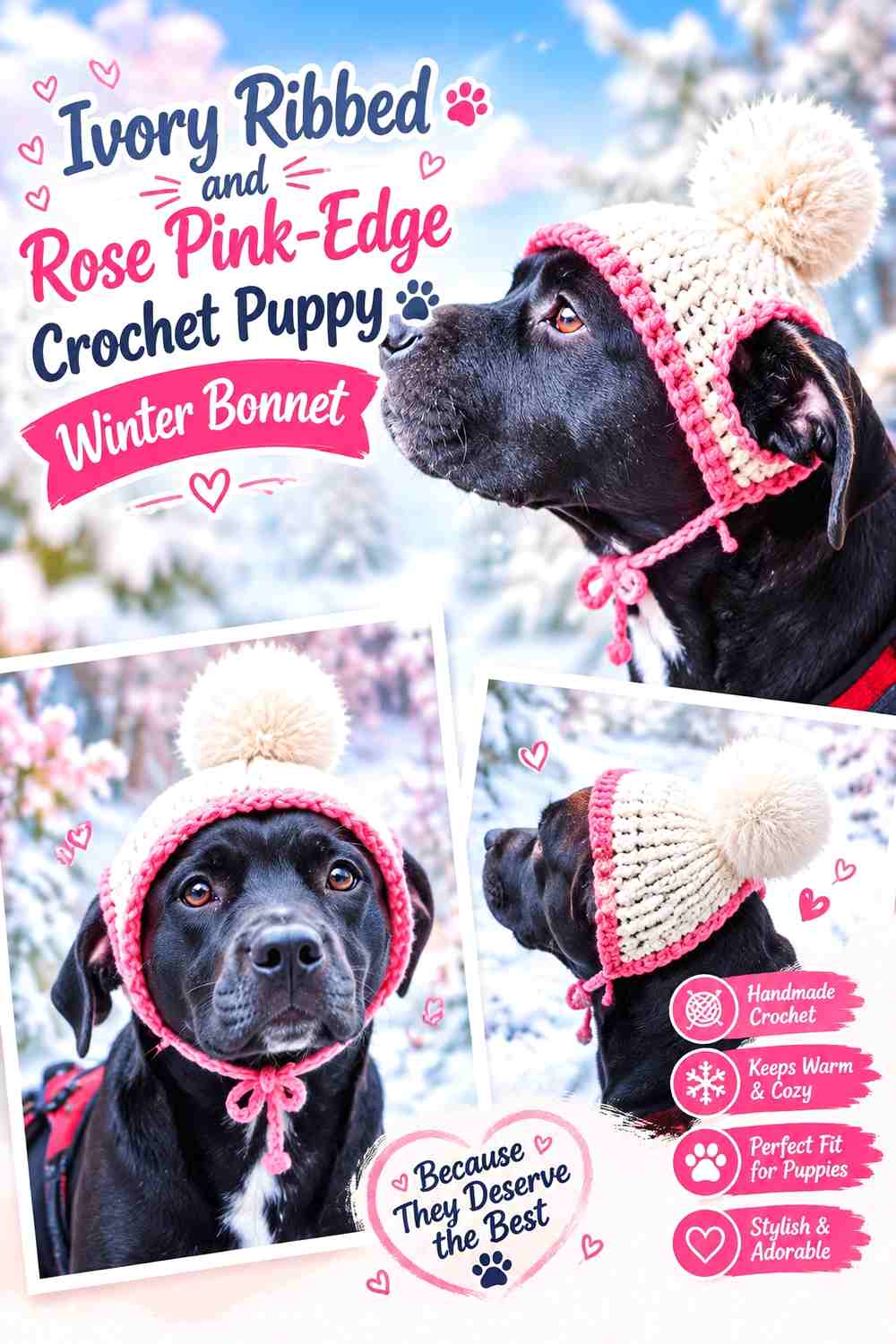 Ivory Ribbed and Rose Pink-Edge Crochet Puppy Winter Bonnet