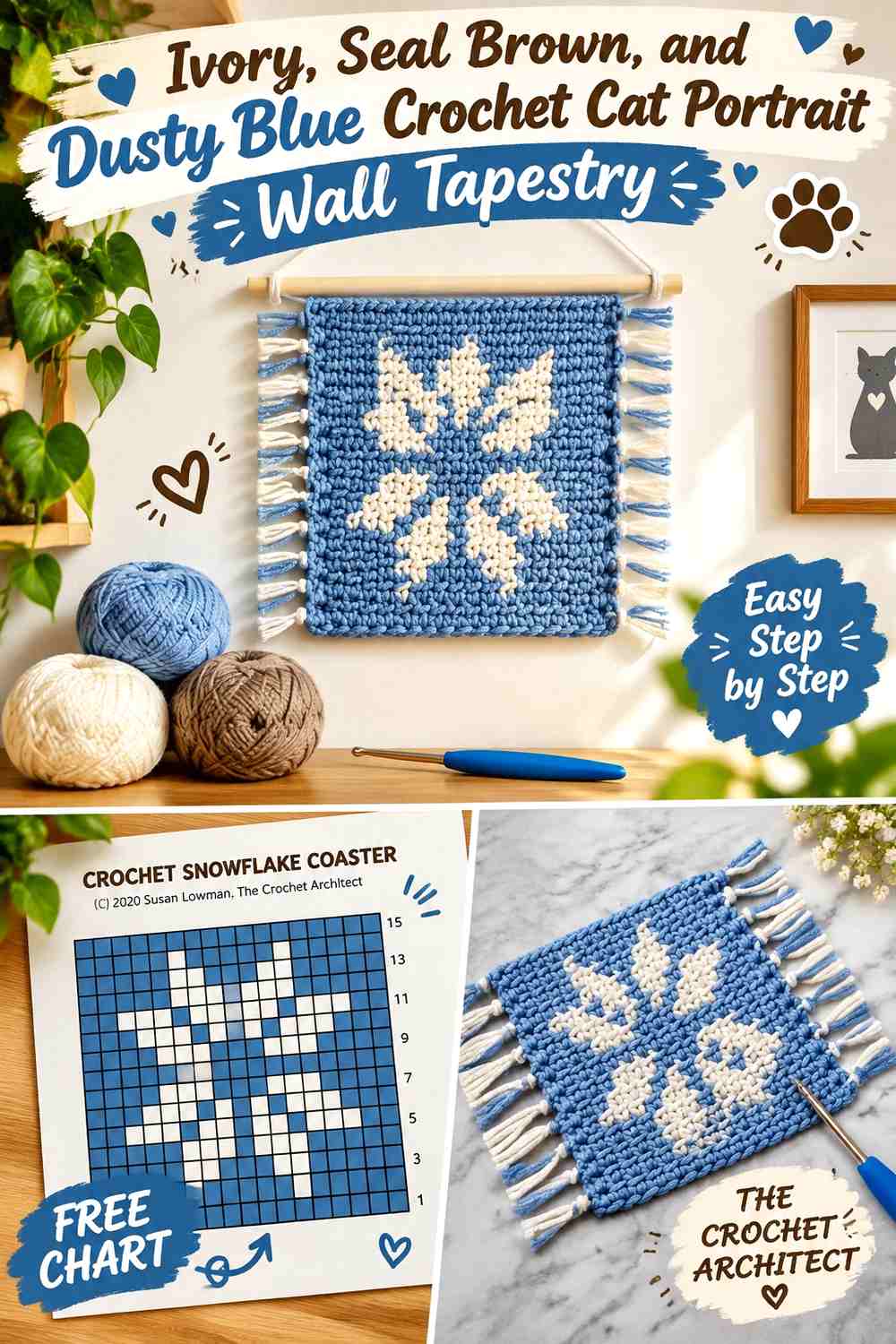 Ivory, Seal Brown, and Dusty Blue Crochet Cat Portrait Wall Tapestry
