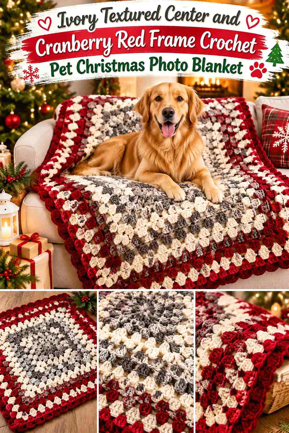 Ivory Textured Center and Cranberry Red Frame Crochet Pet Christmas Photo Blanket
