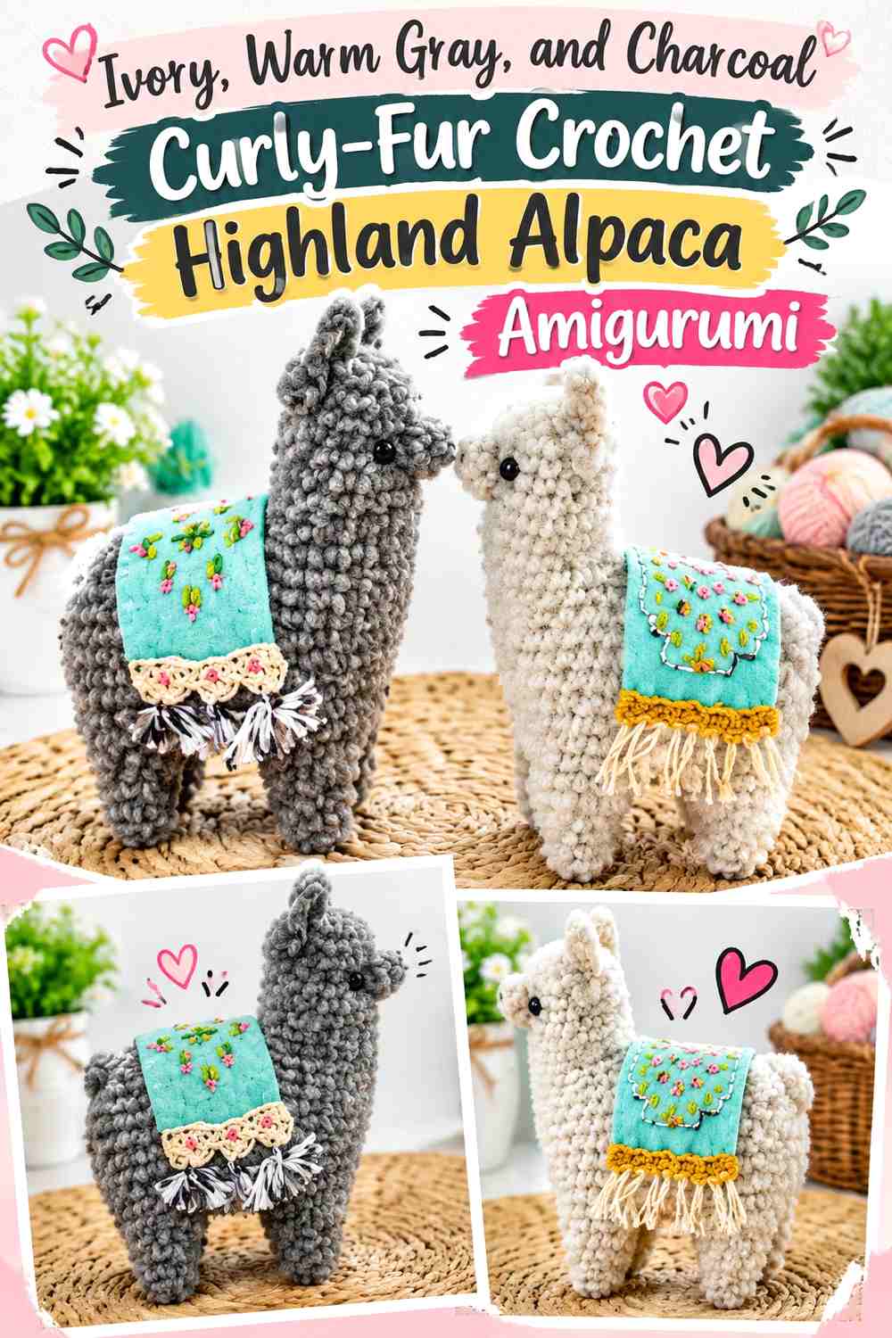 Ivory, Warm Gray, and Charcoal Curly-Fur Crochet Highland Alpaca Amigurumi