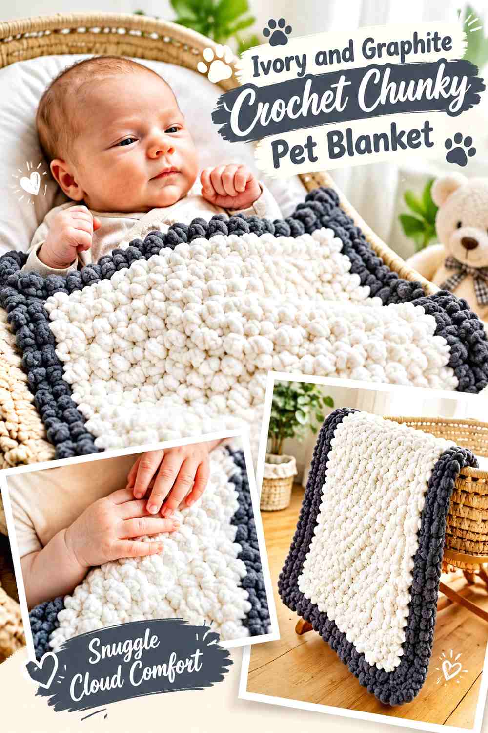 Ivory and Graphite Crochet Chunky Pet Blanket