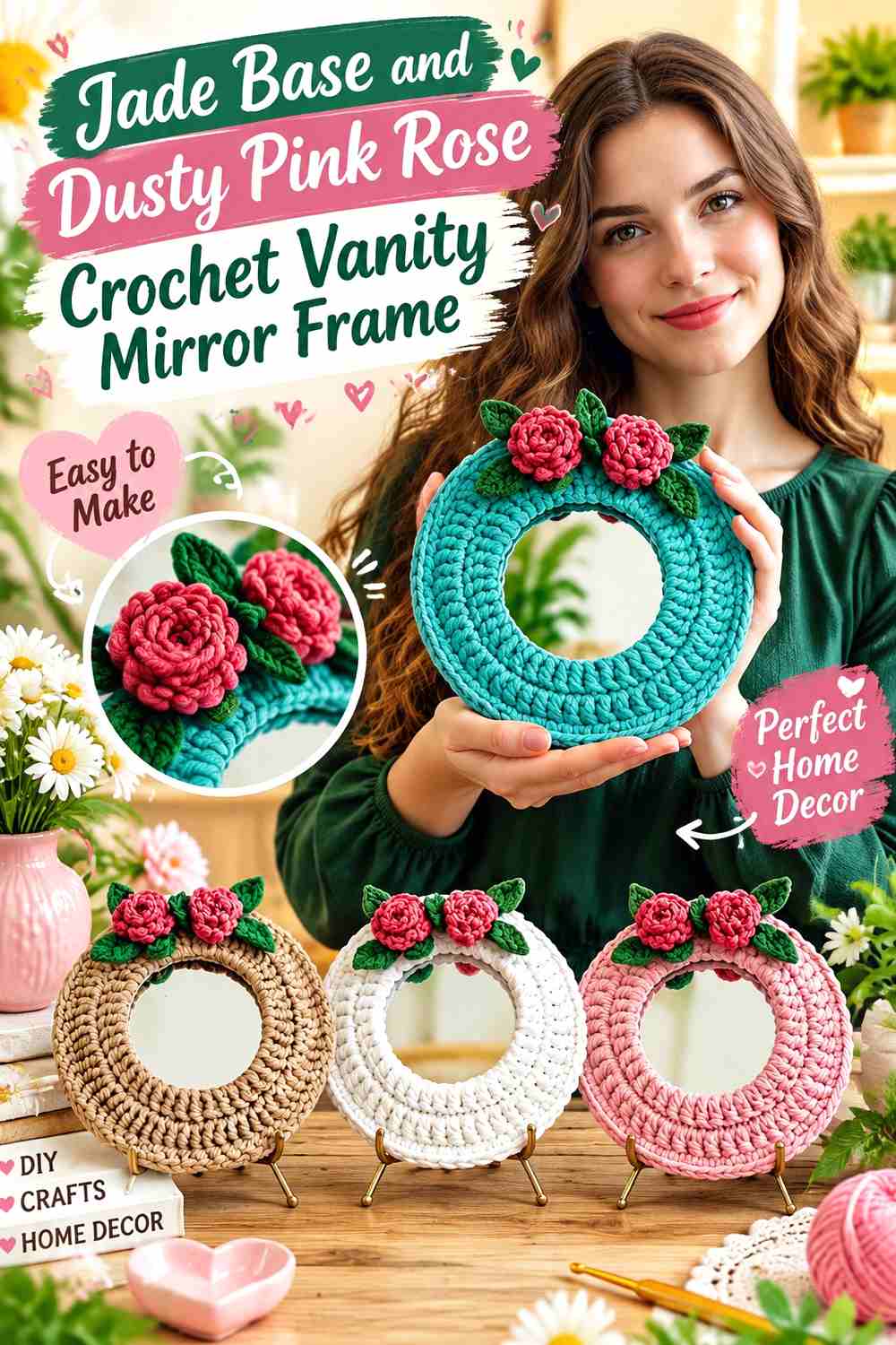 1. Jade Base And Dusty Pink Rose Crochet Vanity Mirror Frame