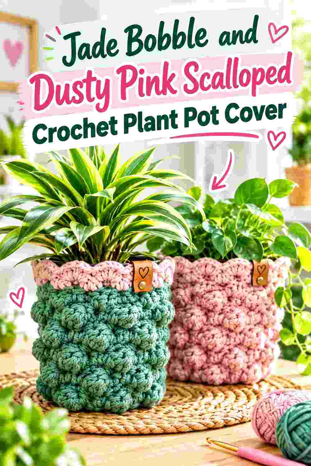 7. Jade Bobble And Dusty Pink Scalloped Crochet Plant Pot Cover