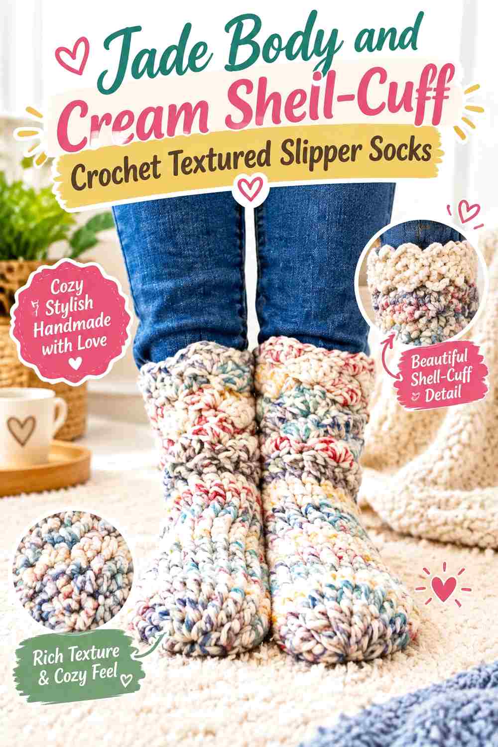 1. Jade Body And Cream Shell Cuff Crochet Textured Slipper Socks