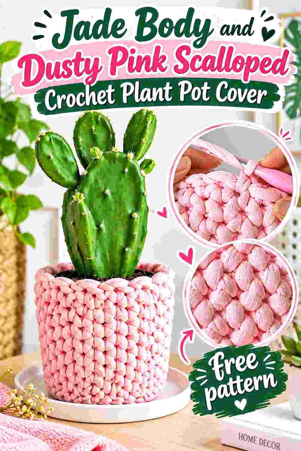 1. Jade Body And Dusty Pink Scalloped Crochet Plant Pot Cover