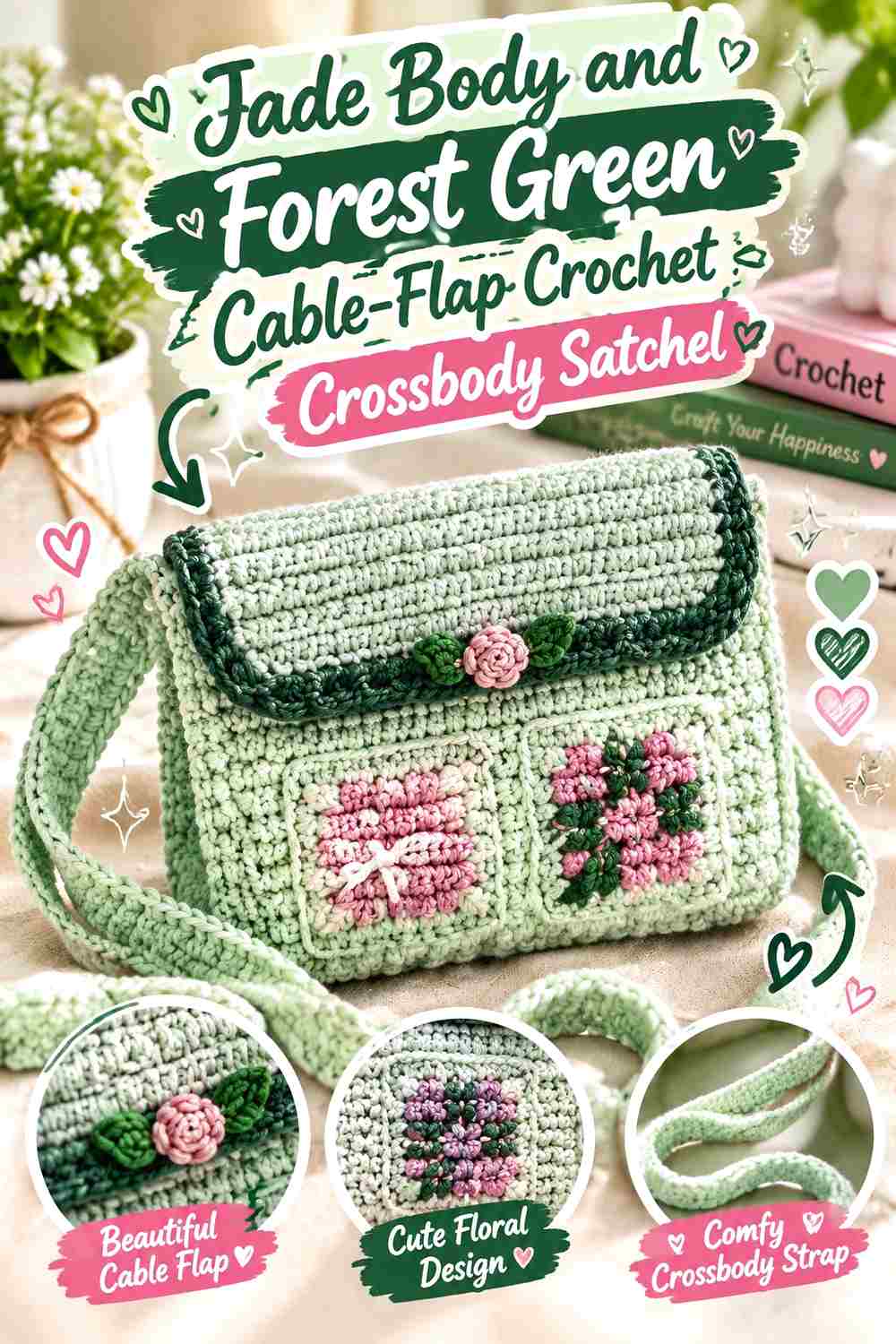 2. Jade Body And Forest Green Cable Flap Crochet Crossbody Satchel