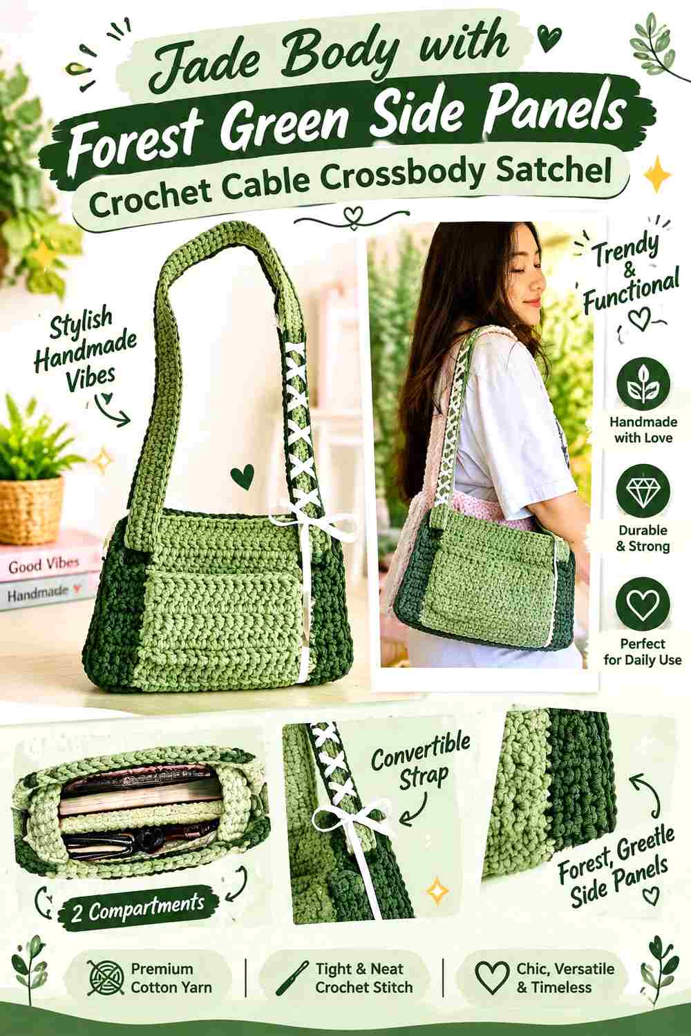 6. Jade Body With Forest Green Side Panels Crochet Cable Crossbody Satchel