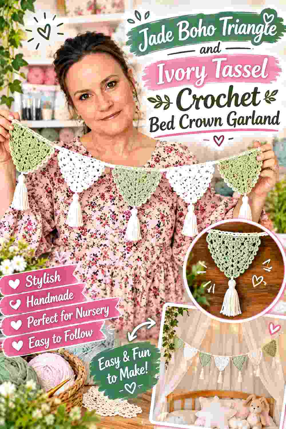 13. Jade Boho Triangle And Ivory Tassel Crochet Bed Crown Garland