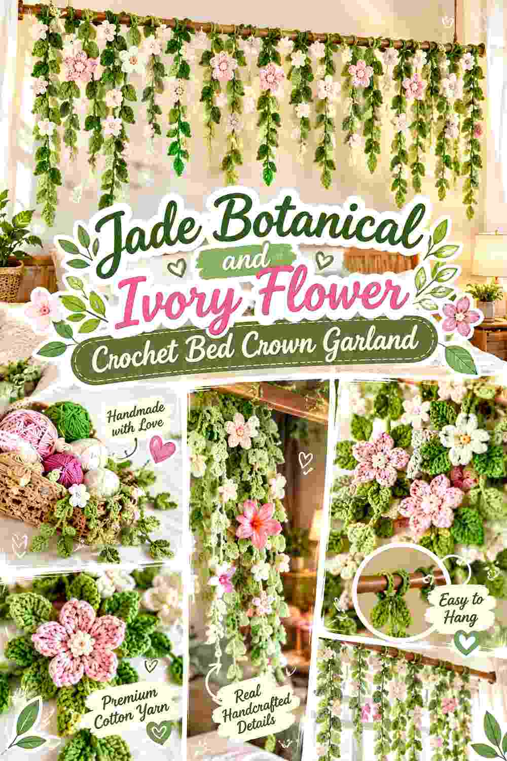 6. Jade Botanical And Ivory Flower Crochet Bed Crown Garland