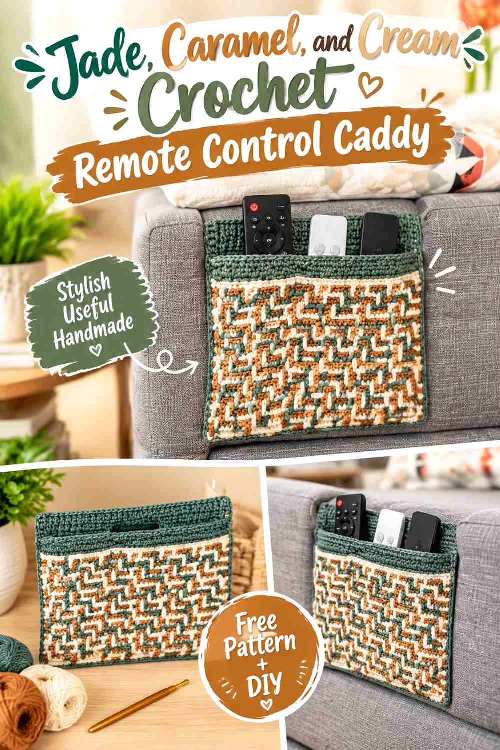 7. Jade Caramel And Cream Crochet Remote Control Caddy