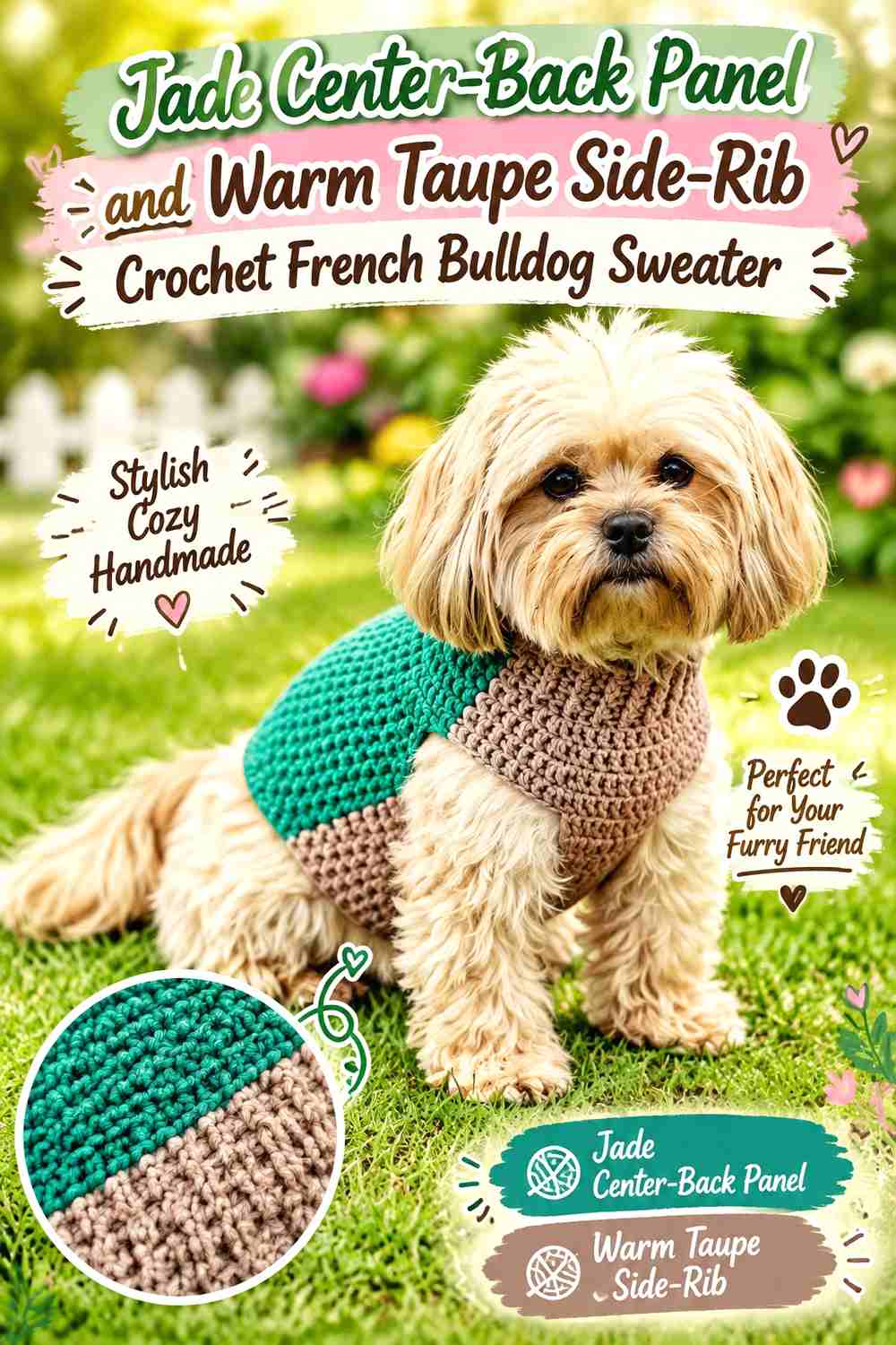 Jade Center-Back Panel and Warm Taupe Side-Rib Crochet French Bulldog Sweater