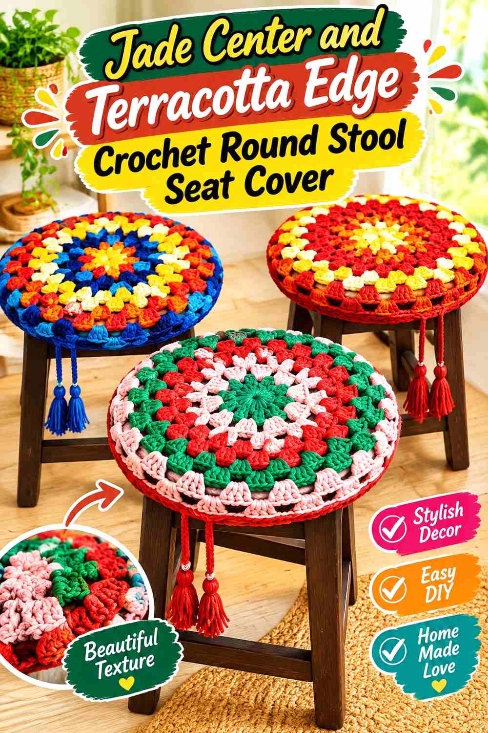 1. Jade Center And Terracotta Edge Crochet Round Stool Seat Cover