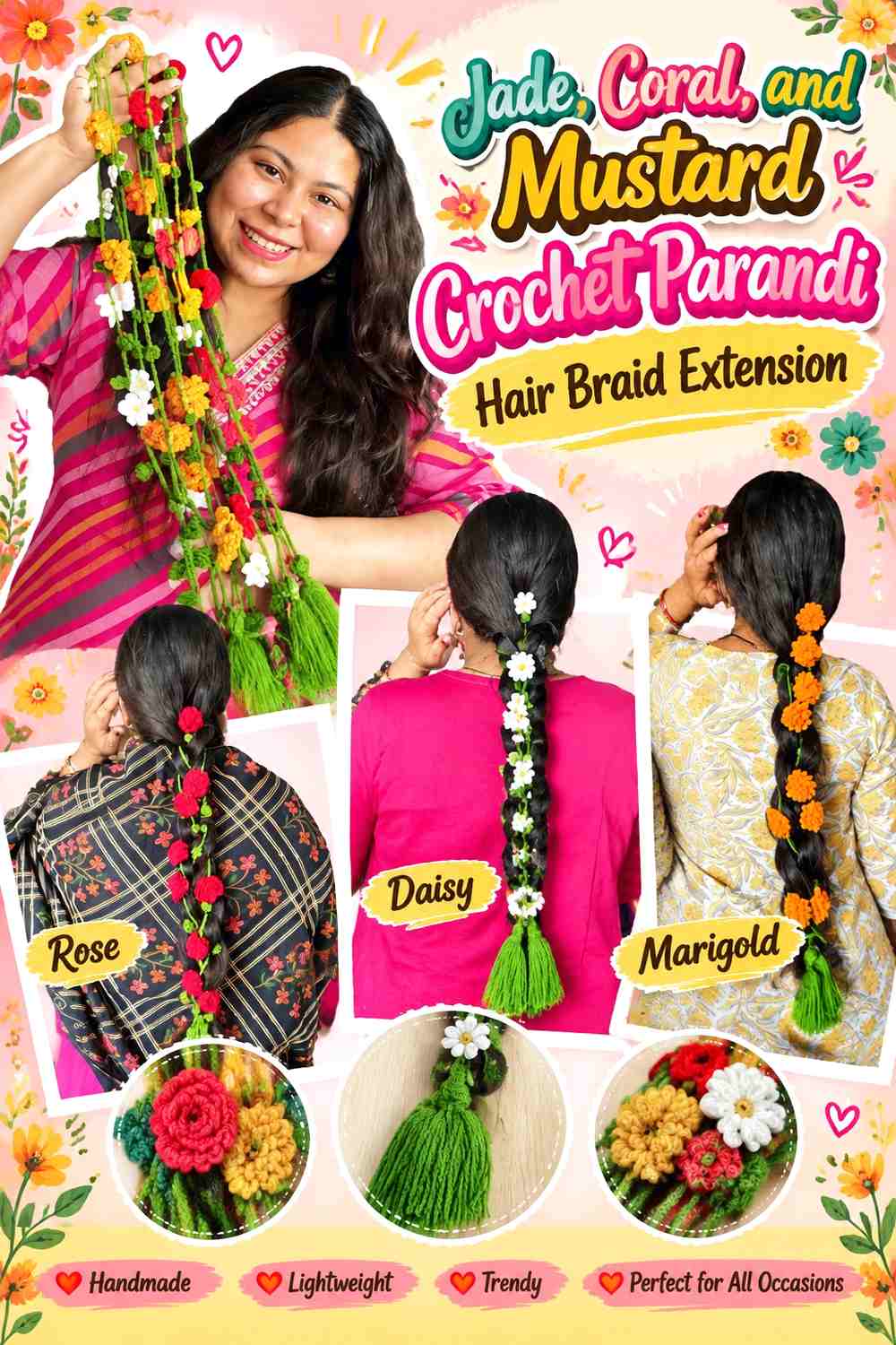 Jade, Coral, and Mustard Crochet Parandi Hair Braid Extension