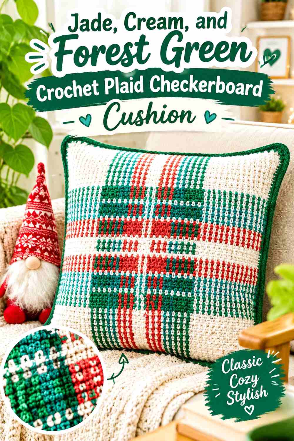 5. Jade Cream And Forest Green Crochet Plaid Checkerboard Cushion