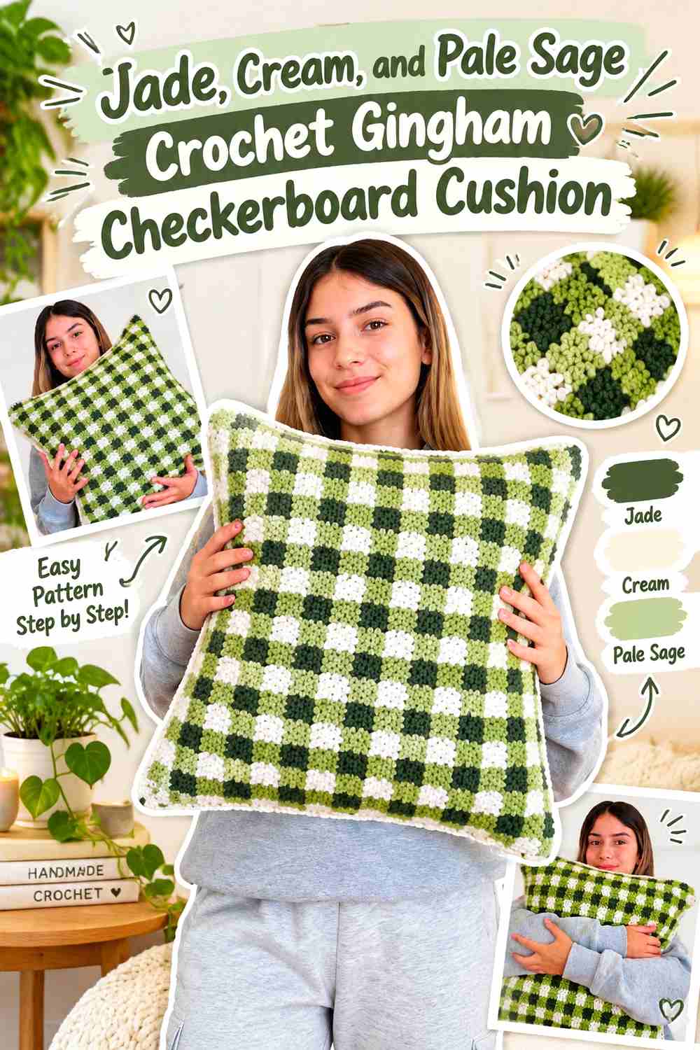 3. Jade Cream And Pale Sage Crochet Gingham Checkerboard Cushion