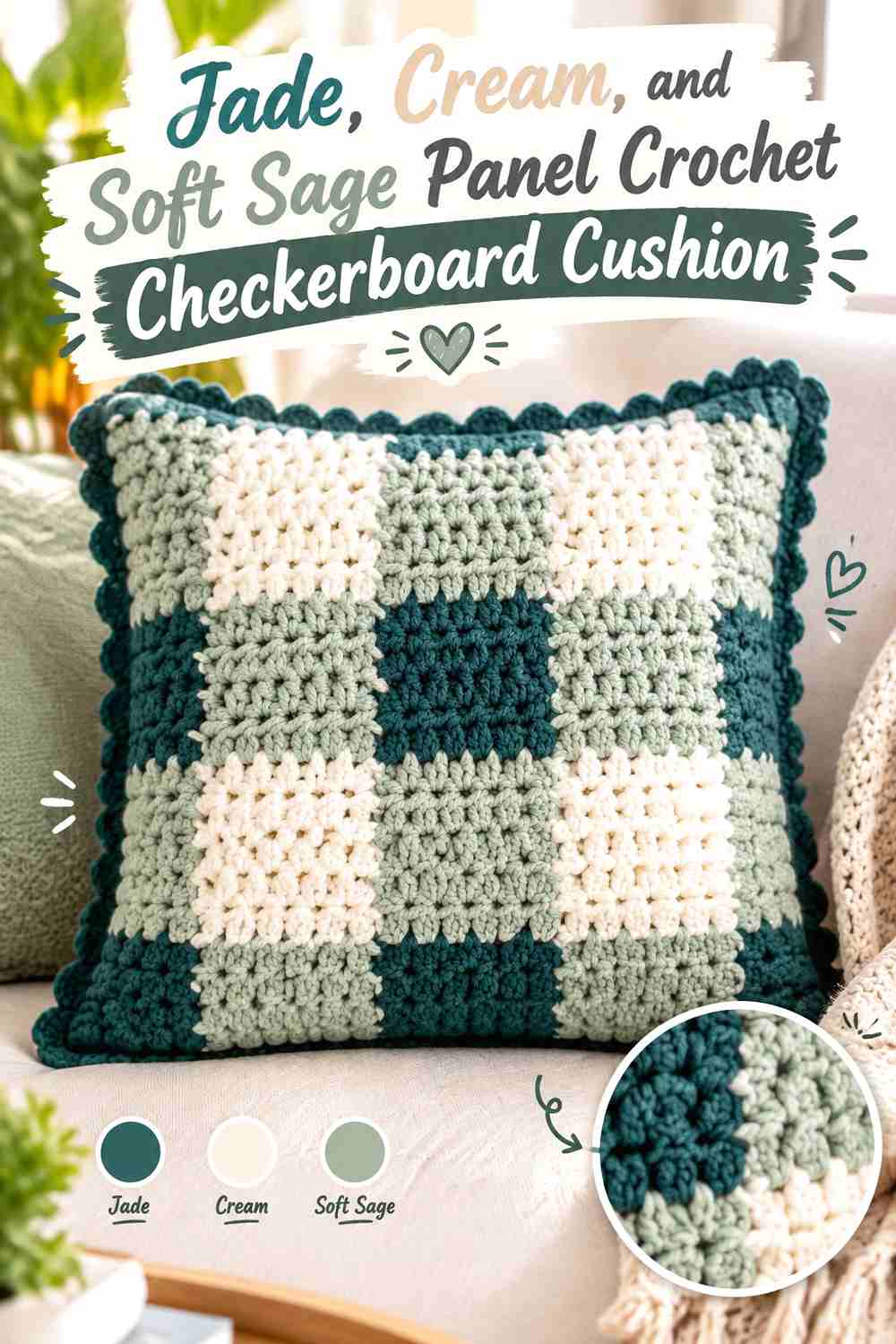 7. Jade Cream And Soft Sage Panel Crochet Checkerboard Cushion