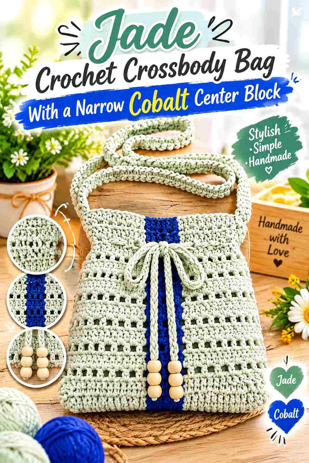 9. Jade Crochet Crossbody Bag With A Narrow Cobalt Center Block