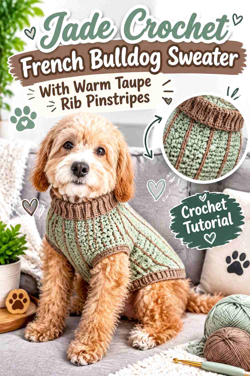 Jade Crochet French Bulldog Sweater With Warm Taupe Rib Pinstripes
