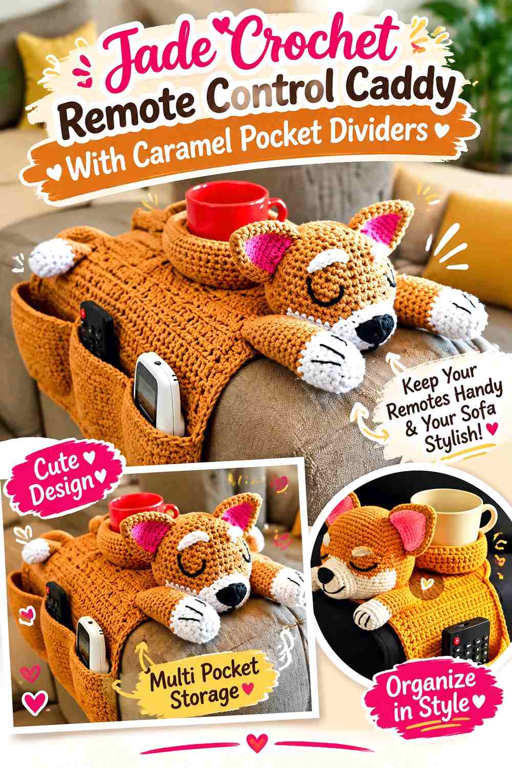9. Jade Crochet Remote Control Caddy With Caramel Pocket Dividers
