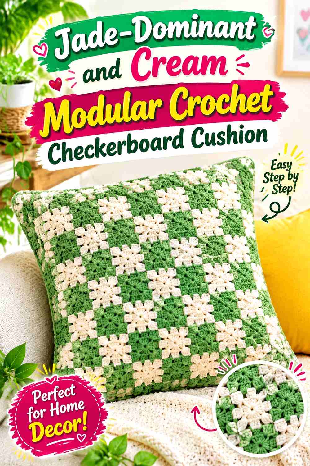 10. Jade Dominant And Cream Modular Crochet Checkerboard Cushion
