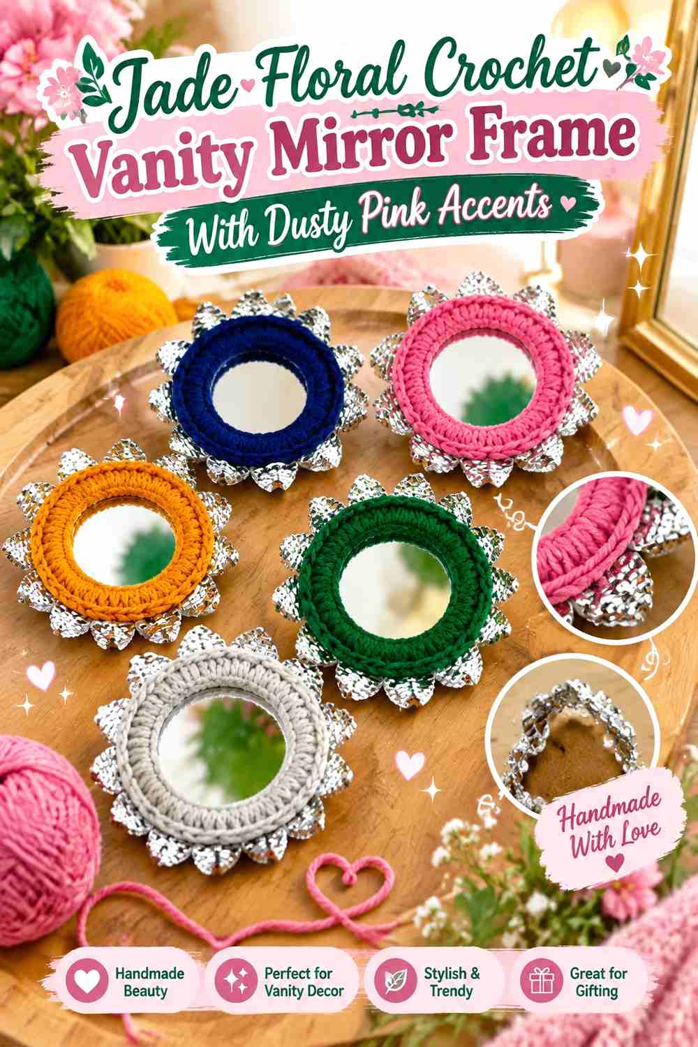 3. Jade Floral Crochet Vanity Mirror Frame With Dusty Pink Accents
