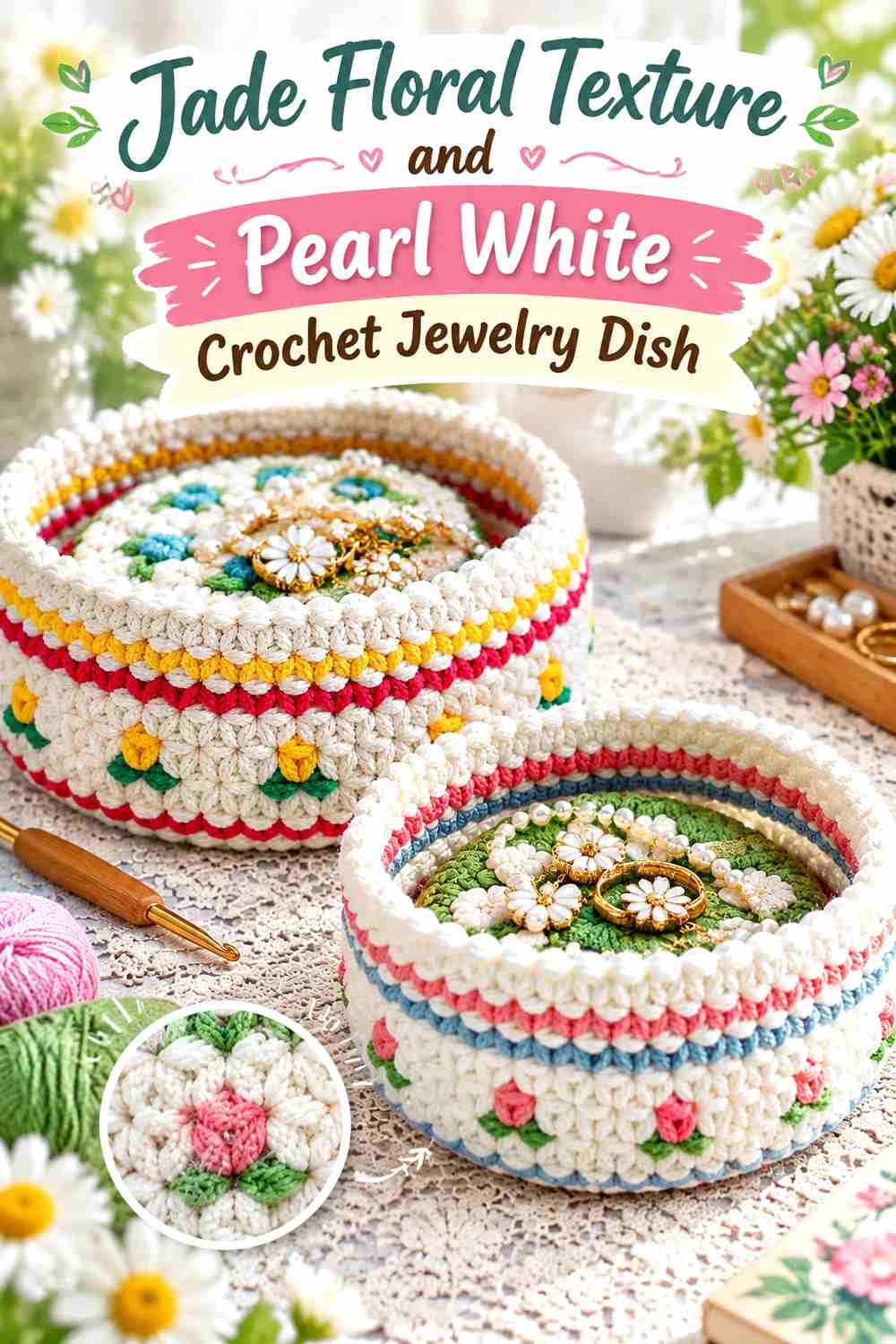 10. Jade Floral Texture And Pearl White Crochet Jewelry Dish