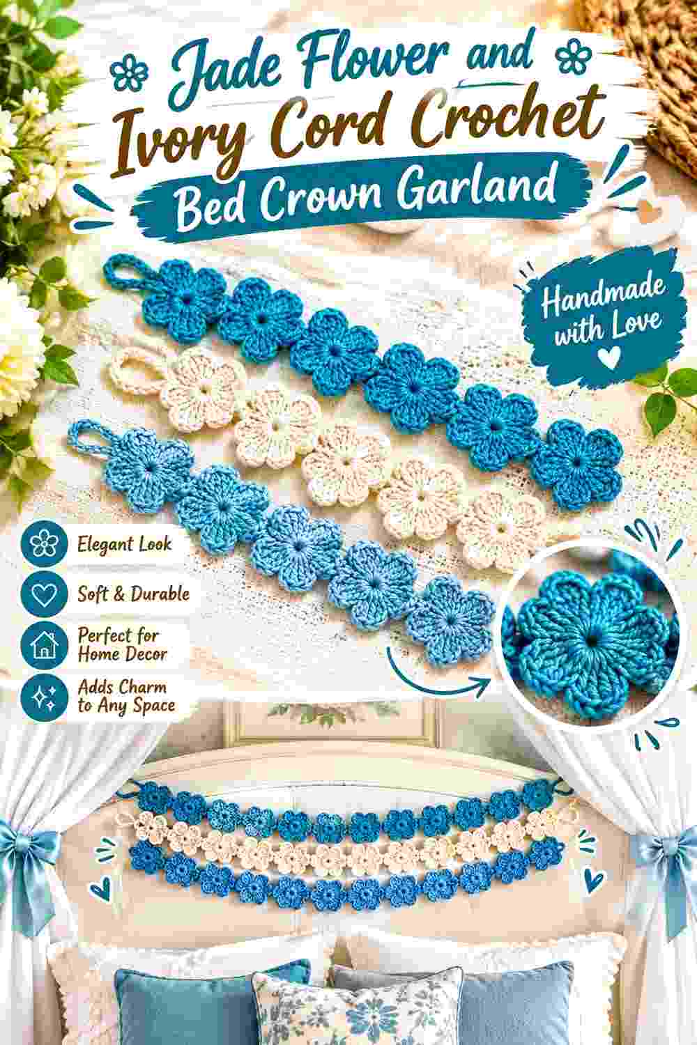 9. Jade Flower And Ivory Cord Crochet Bed Crown Garland