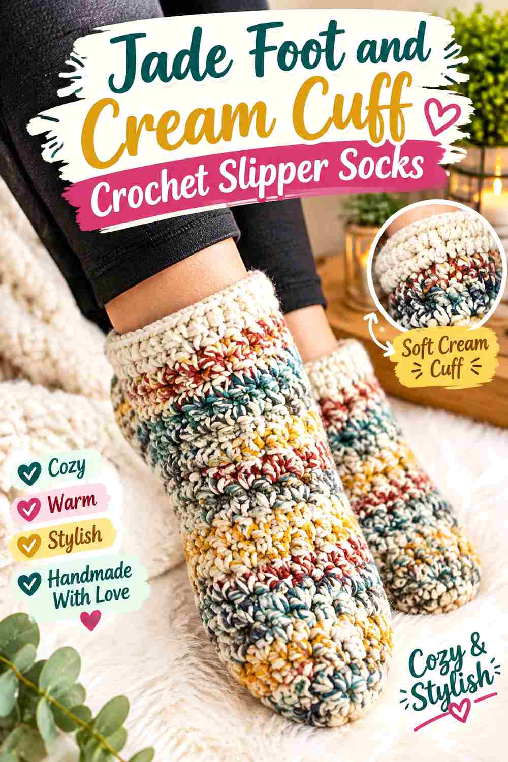 10. Jade Foot And Cream Cuff Crochet Slipper Socks