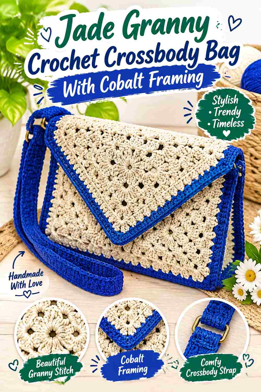 17. Jade Granny Crochet Crossbody Bag With Cobalt Framing