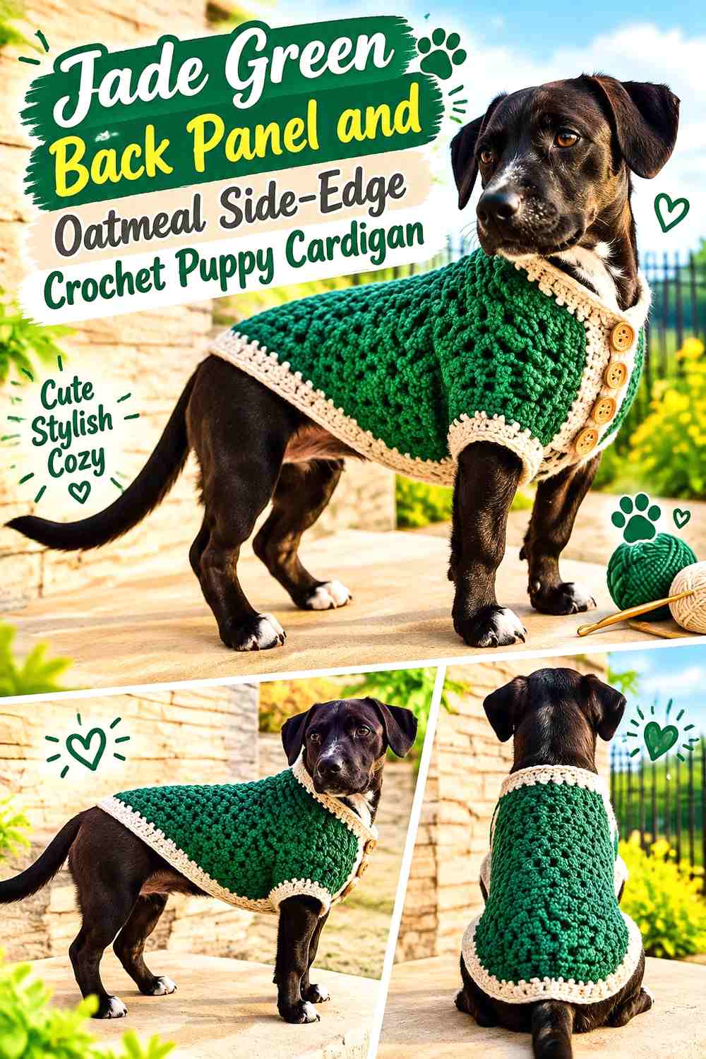 Jade Green Back Panel and Oatmeal Side-Edge Crochet Puppy Cardigan