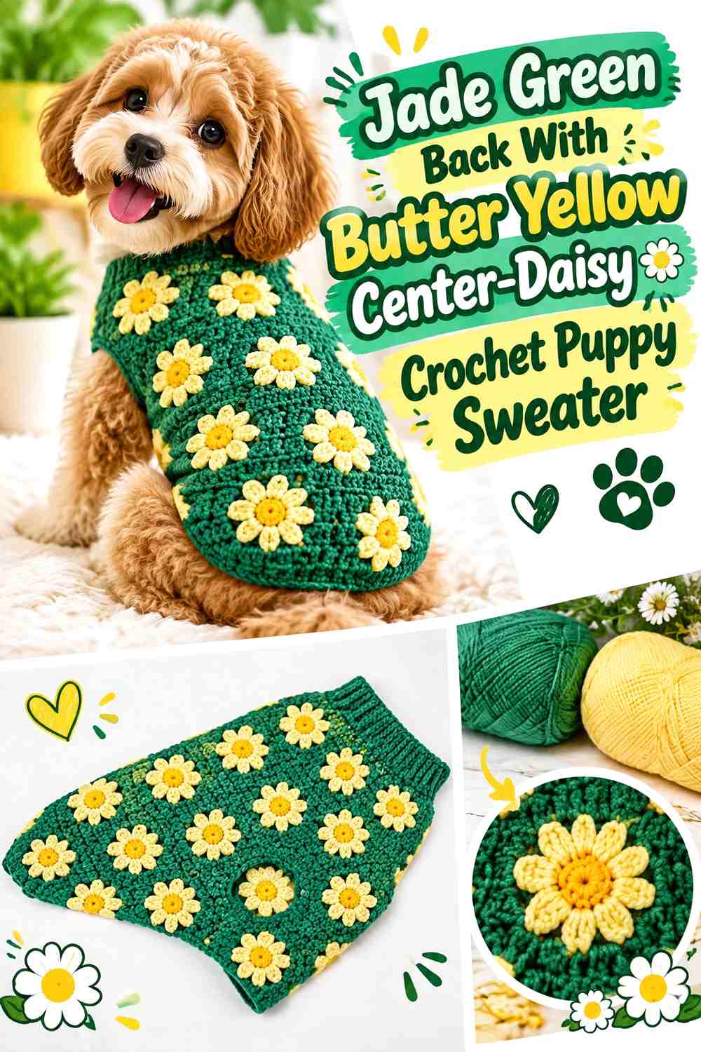 Jade Green Back With Butter Yellow Center-Daisy Crochet Puppy Sweater