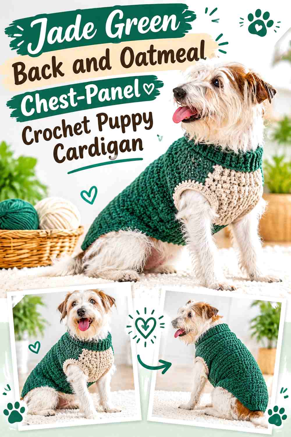 Jade Green Back and Oatmeal Chest-Panel Crochet Puppy Cardigan