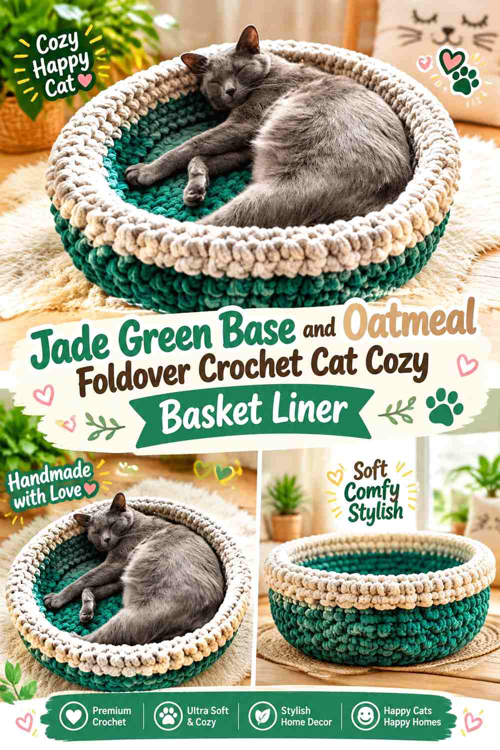 Jade Green Base and Oatmeal Foldover Crochet Cat Cozy Basket Liner